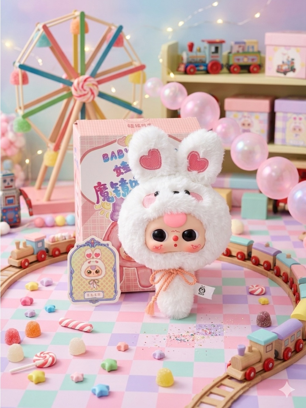 Baby Three Plush Bunny Hood Doll and Mirror White and Pink